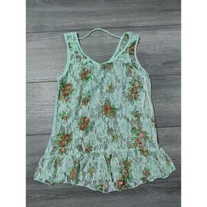 DEB Crochet Lace Top Adult Size Medium Green Floral Sheer Peplum Womens